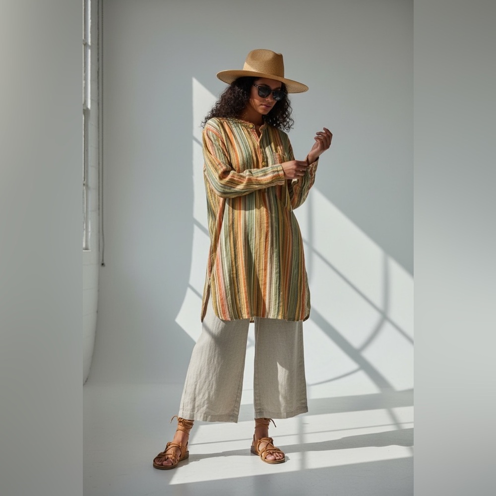 Womens Boho Hippie Striped Tunic Cover-up Summer Vacation Cotton M